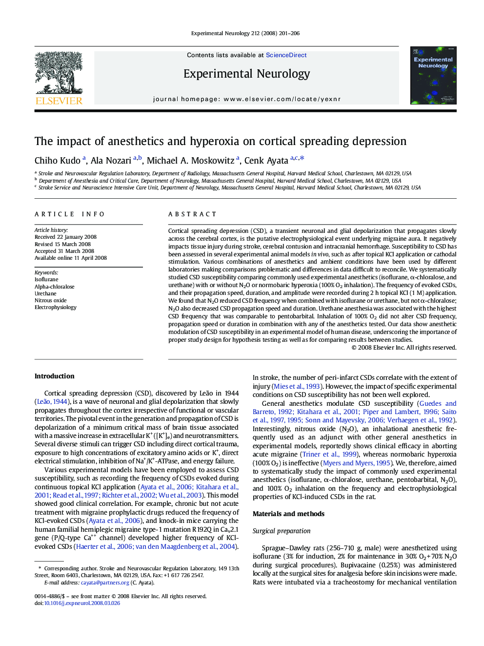 The impact of anesthetics and hyperoxia on cortical spreading depression