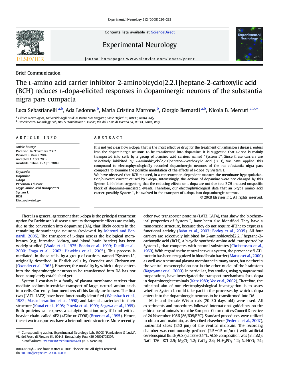 The l-amino acid carrier inhibitor 2-aminobicyclo[2.2.1]heptane-2-carboxylic acid (BCH) reduces l-dopa-elicited responses in dopaminergic neurons of the substantia nigra pars compacta