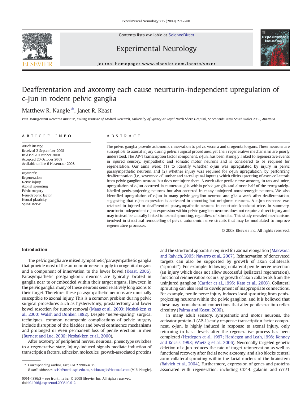 Deafferentation and axotomy each cause neurturin-independent upregulation of c-Jun in rodent pelvic ganglia