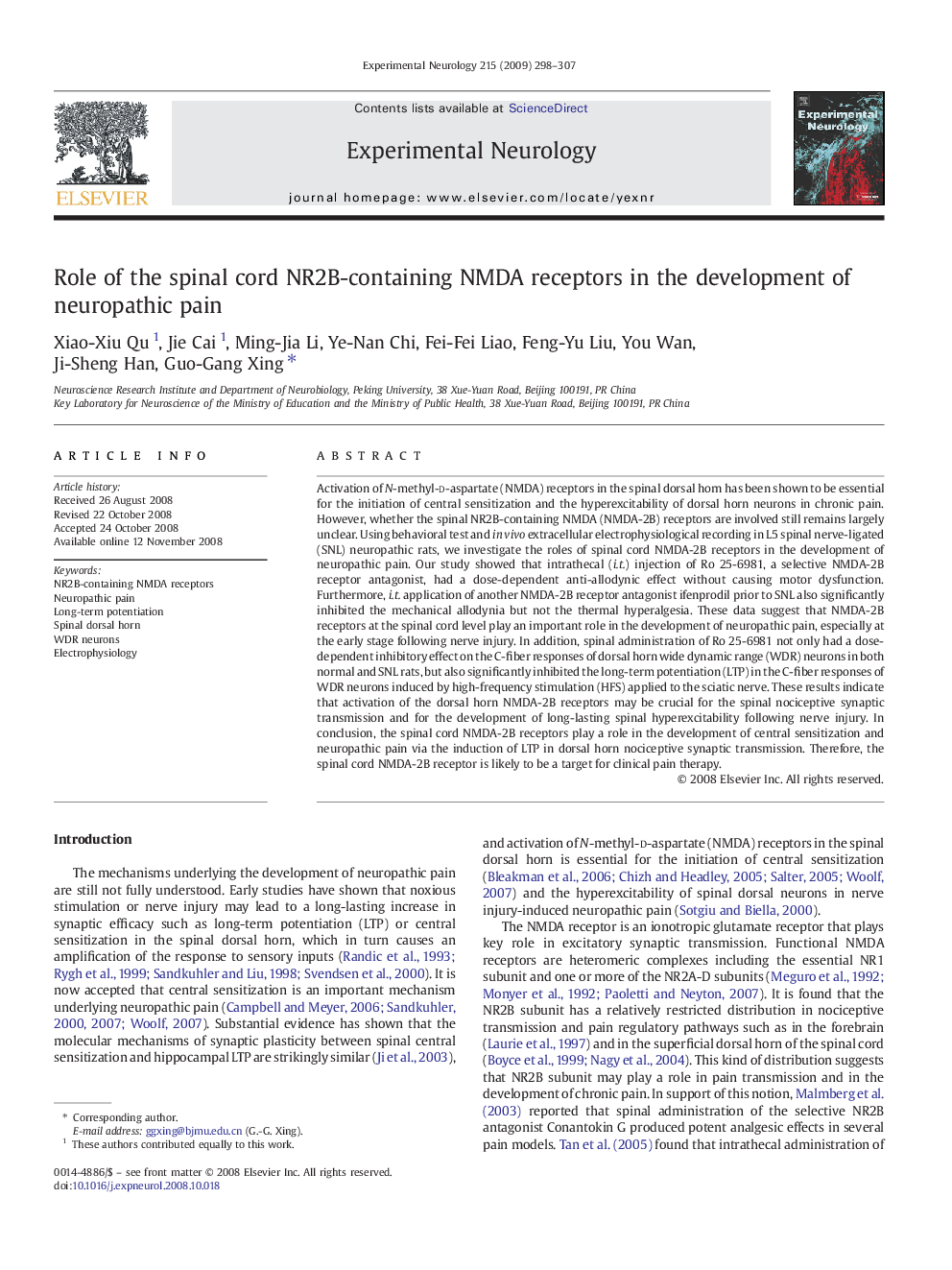 Role of the spinal cord NR2B-containing NMDA receptors in the development of neuropathic pain