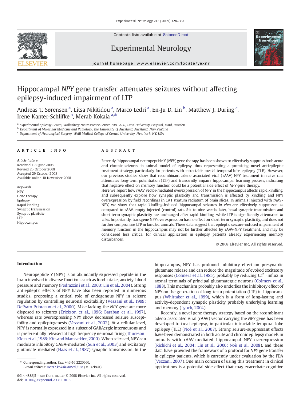 Hippocampal NPY gene transfer attenuates seizures without affecting epilepsy-induced impairment of LTP