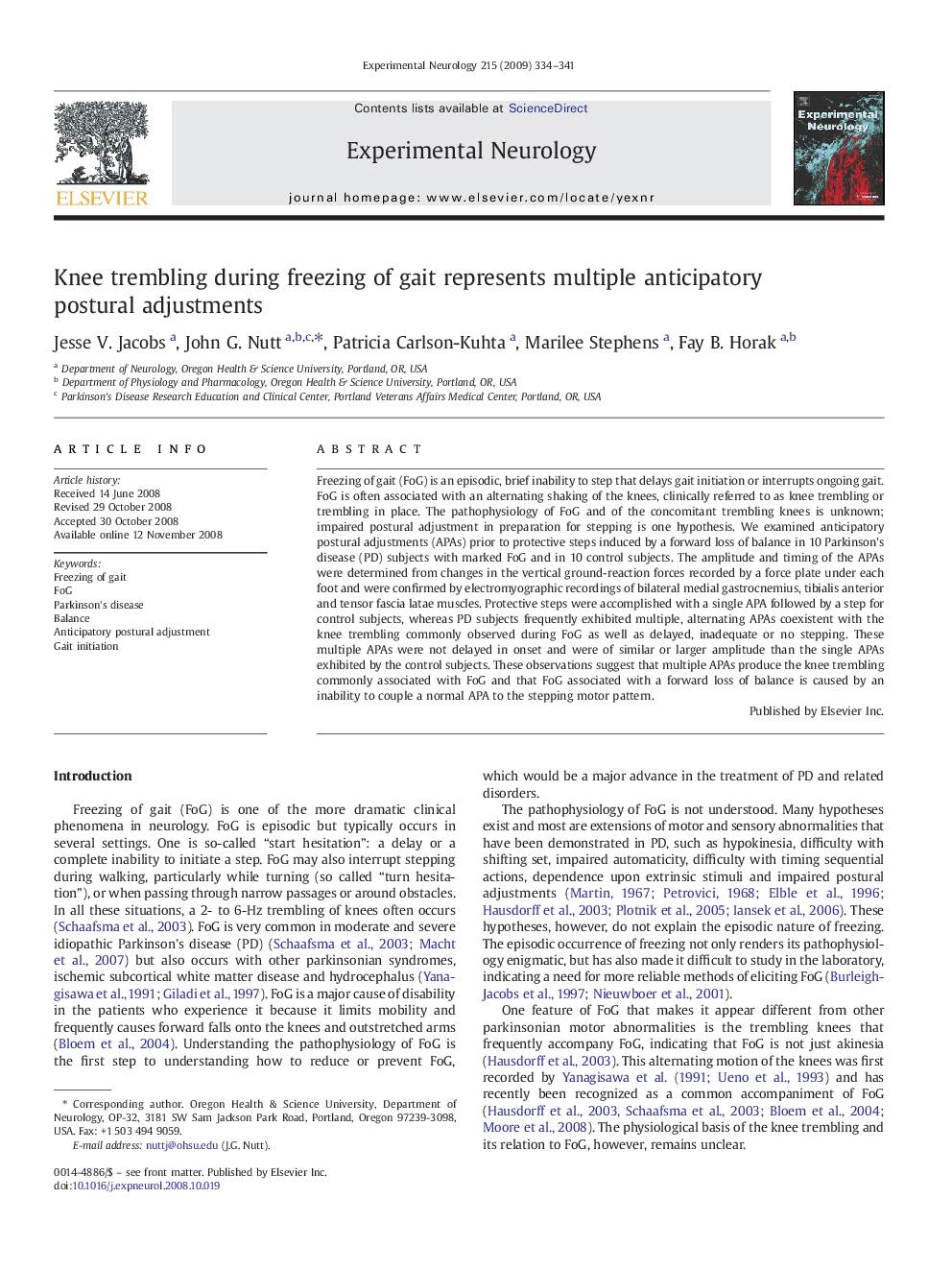 Knee trembling during freezing of gait represents multiple anticipatory postural adjustments