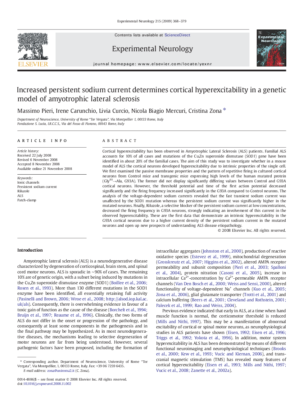 Increased persistent sodium current determines cortical hyperexcitability in a genetic model of amyotrophic lateral sclerosis