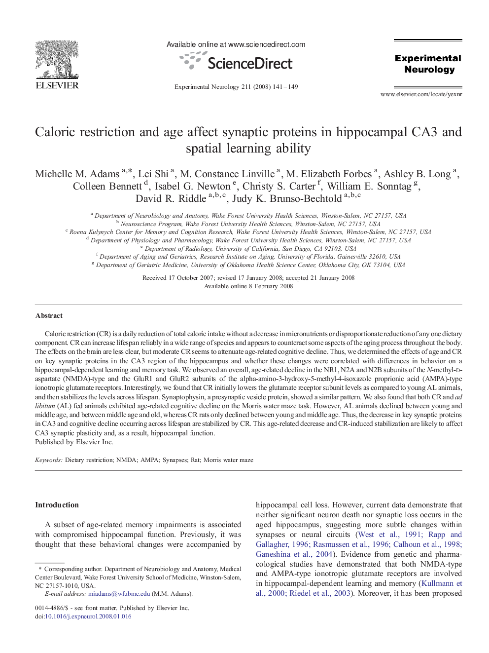 Caloric restriction and age affect synaptic proteins in hippocampal CA3 and spatial learning ability