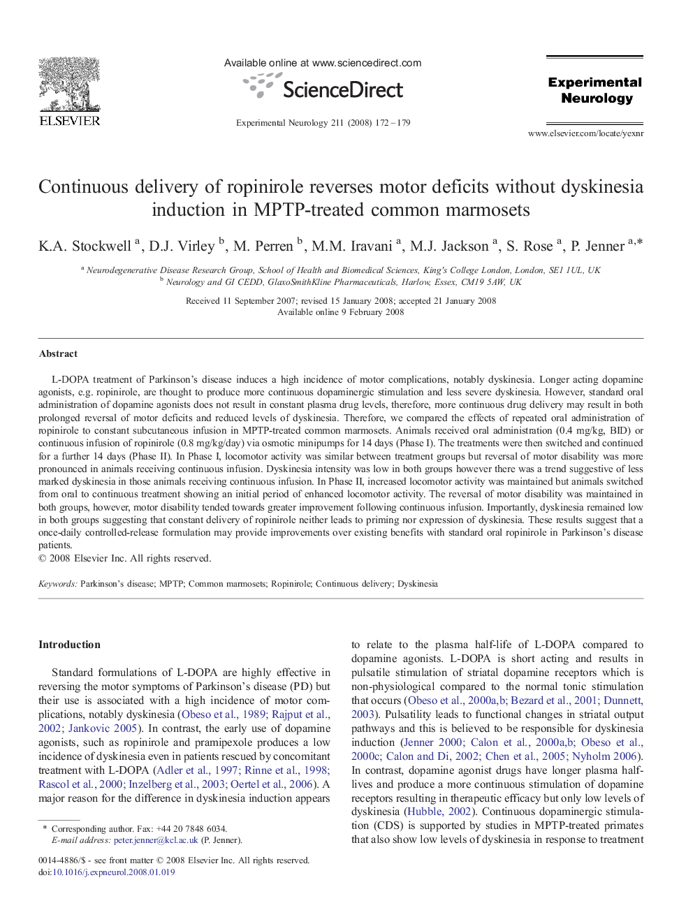 Continuous delivery of ropinirole reverses motor deficits without dyskinesia induction in MPTP-treated common marmosets