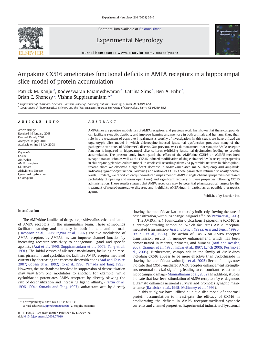 Ampakine CX516 ameliorates functional deficits in AMPA receptors in a hippocampal slice model of protein accumulation