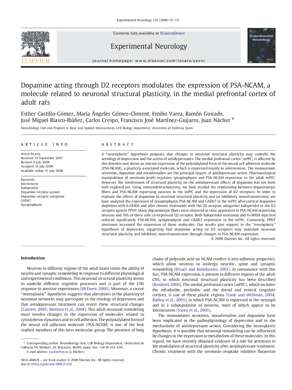 Dopamine acting through D2 receptors modulates the expression of PSA-NCAM, a molecule related to neuronal structural plasticity, in the medial prefrontal cortex of adult rats