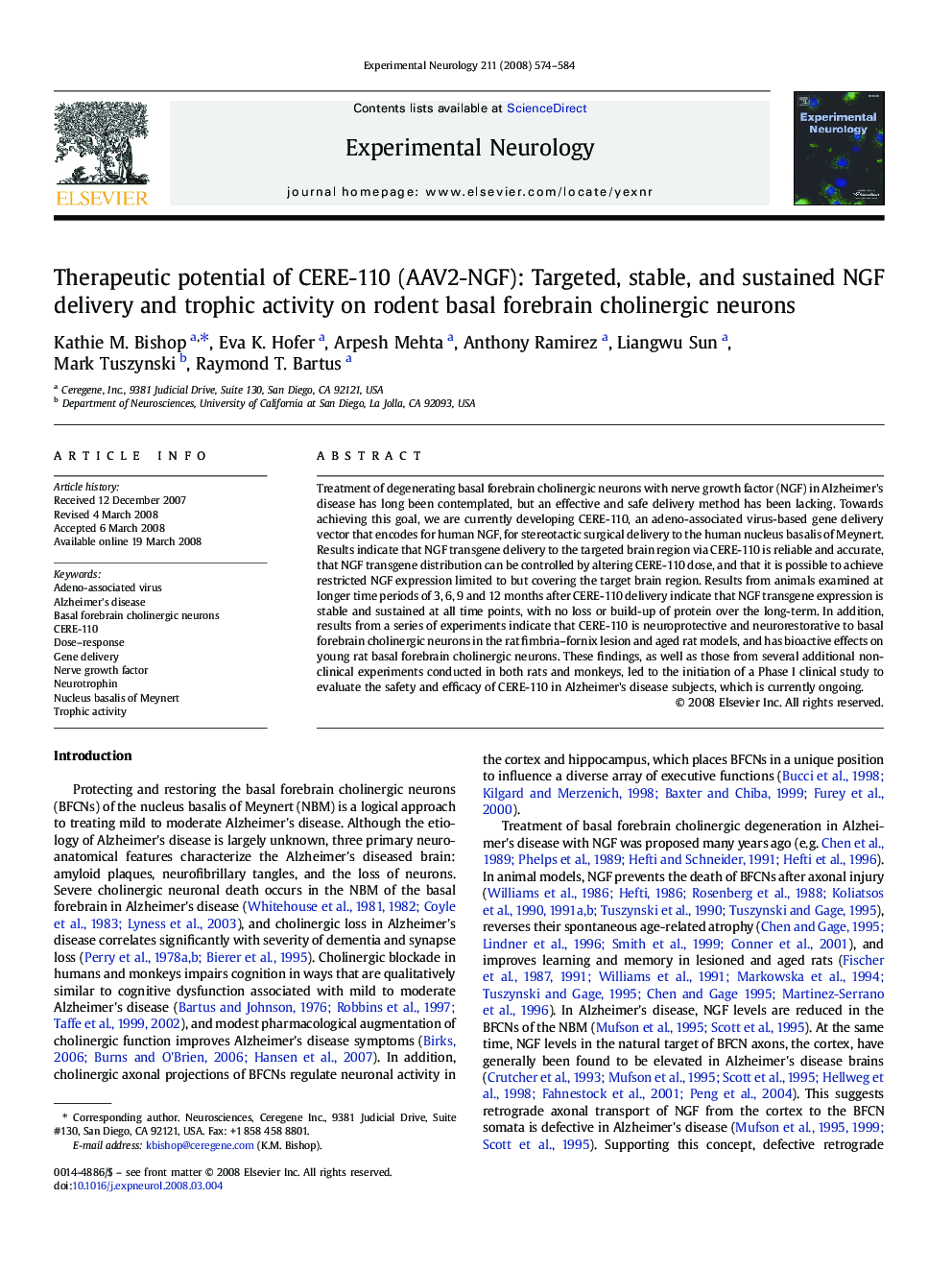 Therapeutic potential of CERE-110 (AAV2-NGF): Targeted, stable, and sustained NGF delivery and trophic activity on rodent basal forebrain cholinergic neurons