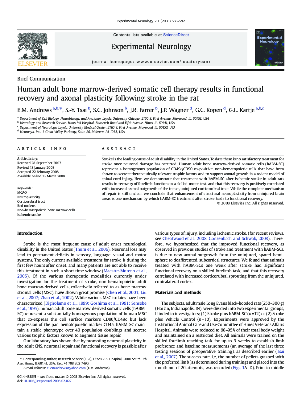 Human adult bone marrow-derived somatic cell therapy results in functional recovery and axonal plasticity following stroke in the rat