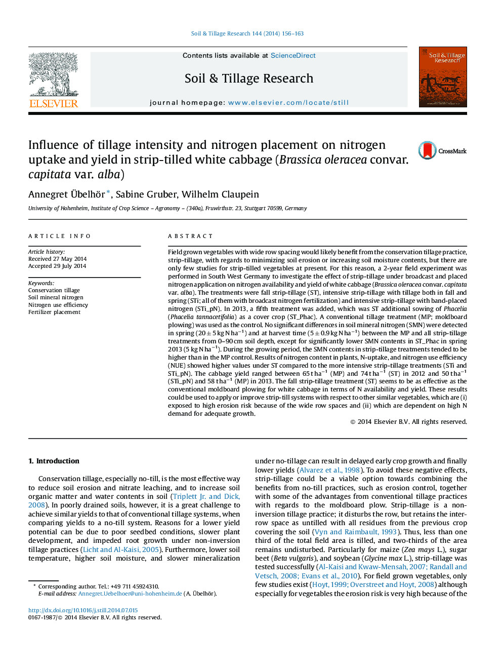 Influence of tillage intensity and nitrogen placement on nitrogen uptake and yield in strip-tilled white cabbage (Brassica oleracea convar. capitata var. alba)