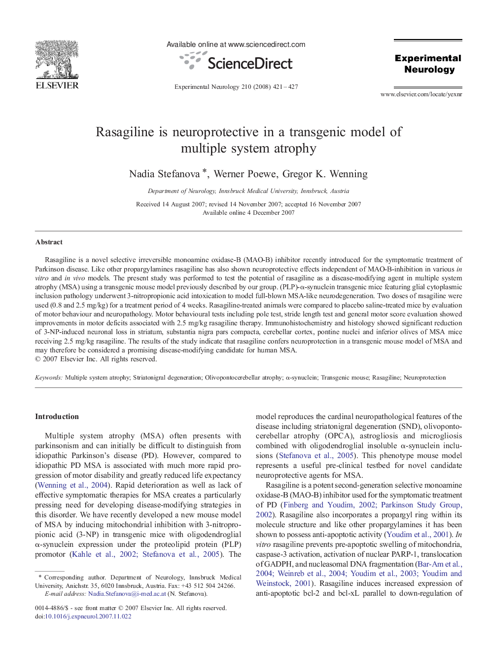 Rasagiline is neuroprotective in a transgenic model of multiple system atrophy