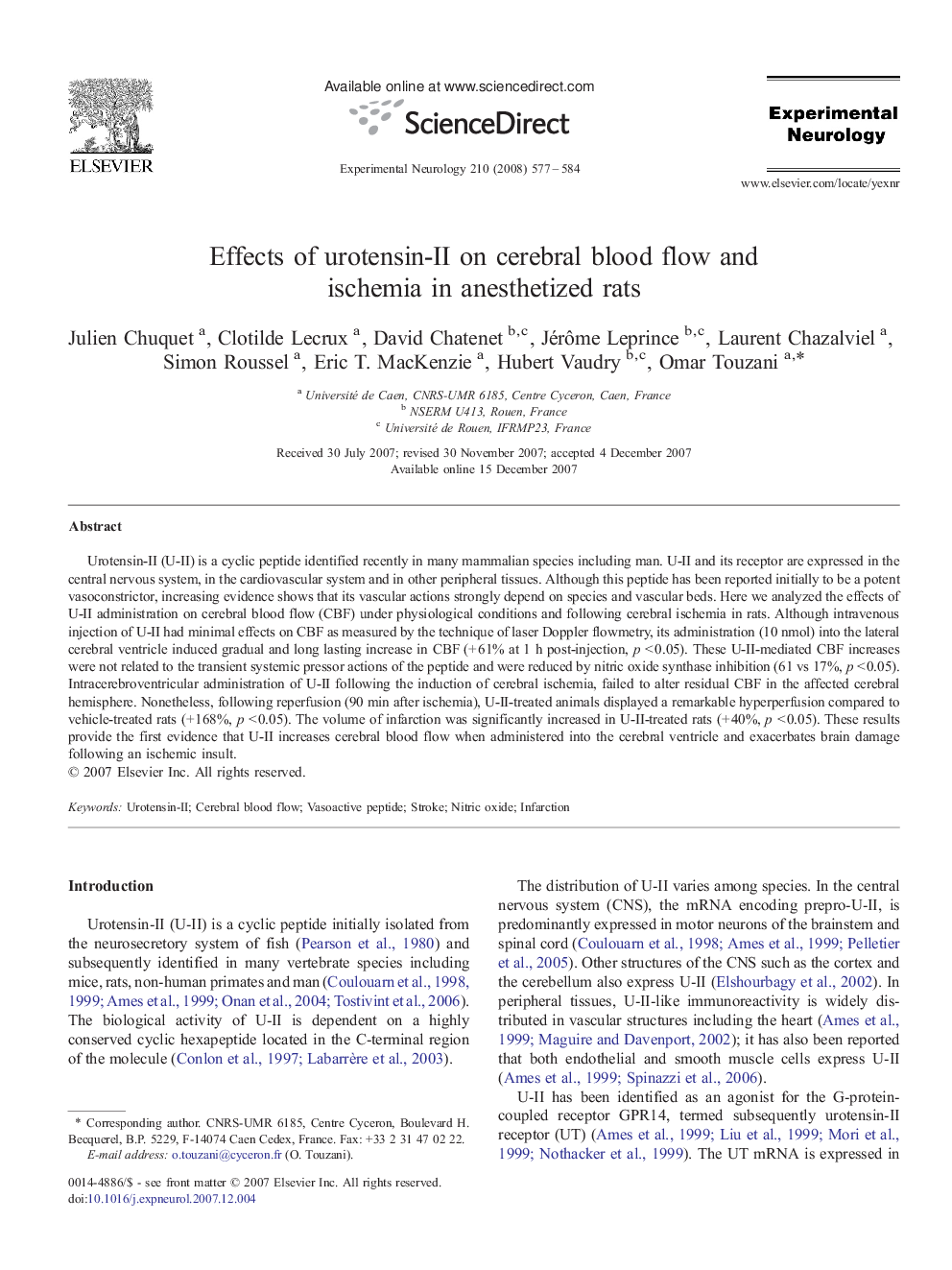 Effects of urotensin-II on cerebral blood flow and ischemia in anesthetized rats