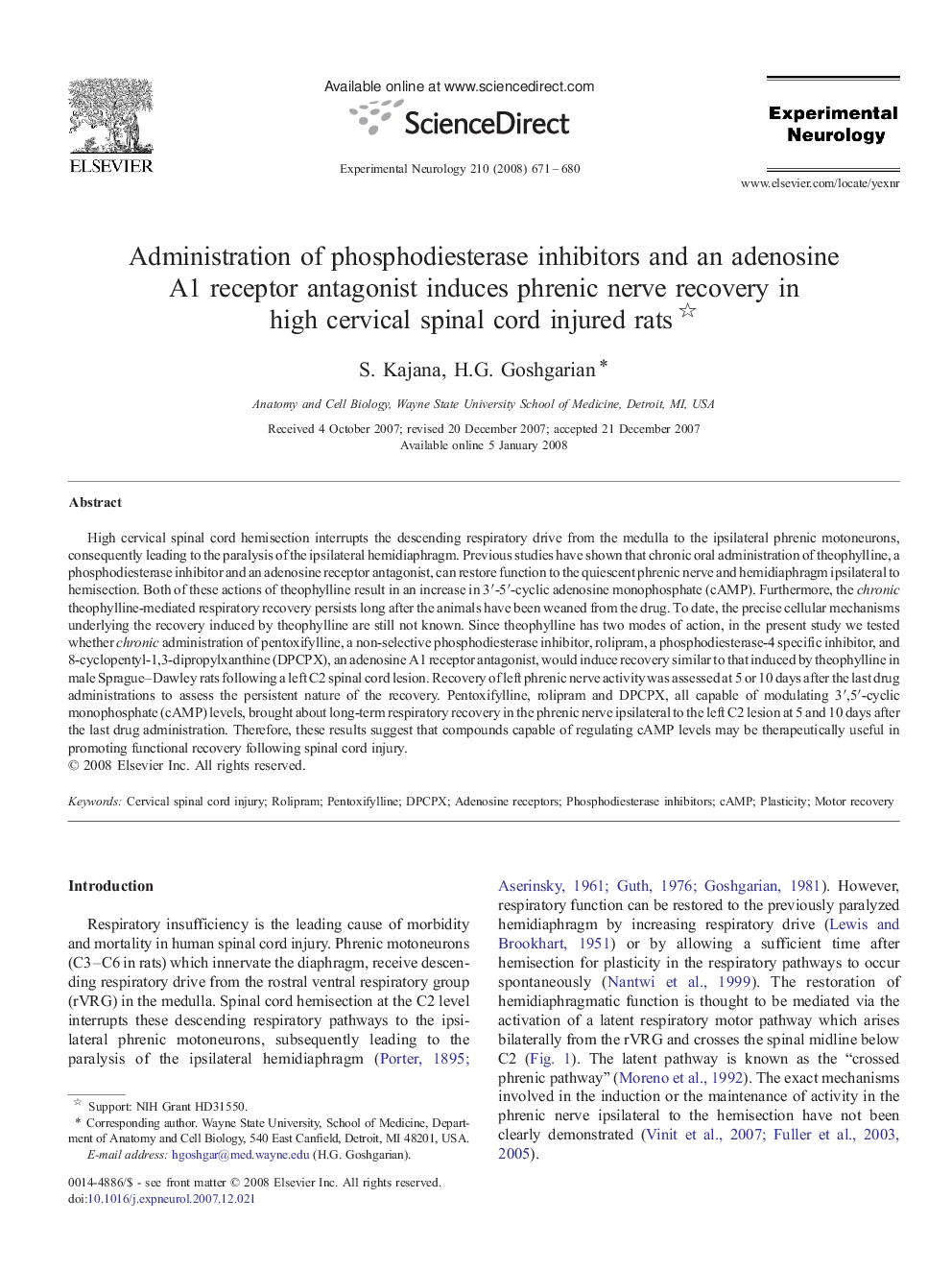 Administration of phosphodiesterase inhibitors and an adenosine A1 receptor antagonist induces phrenic nerve recovery in high cervical spinal cord injured rats 