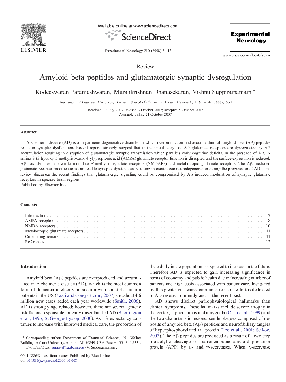 Amyloid beta peptides and glutamatergic synaptic dysregulation