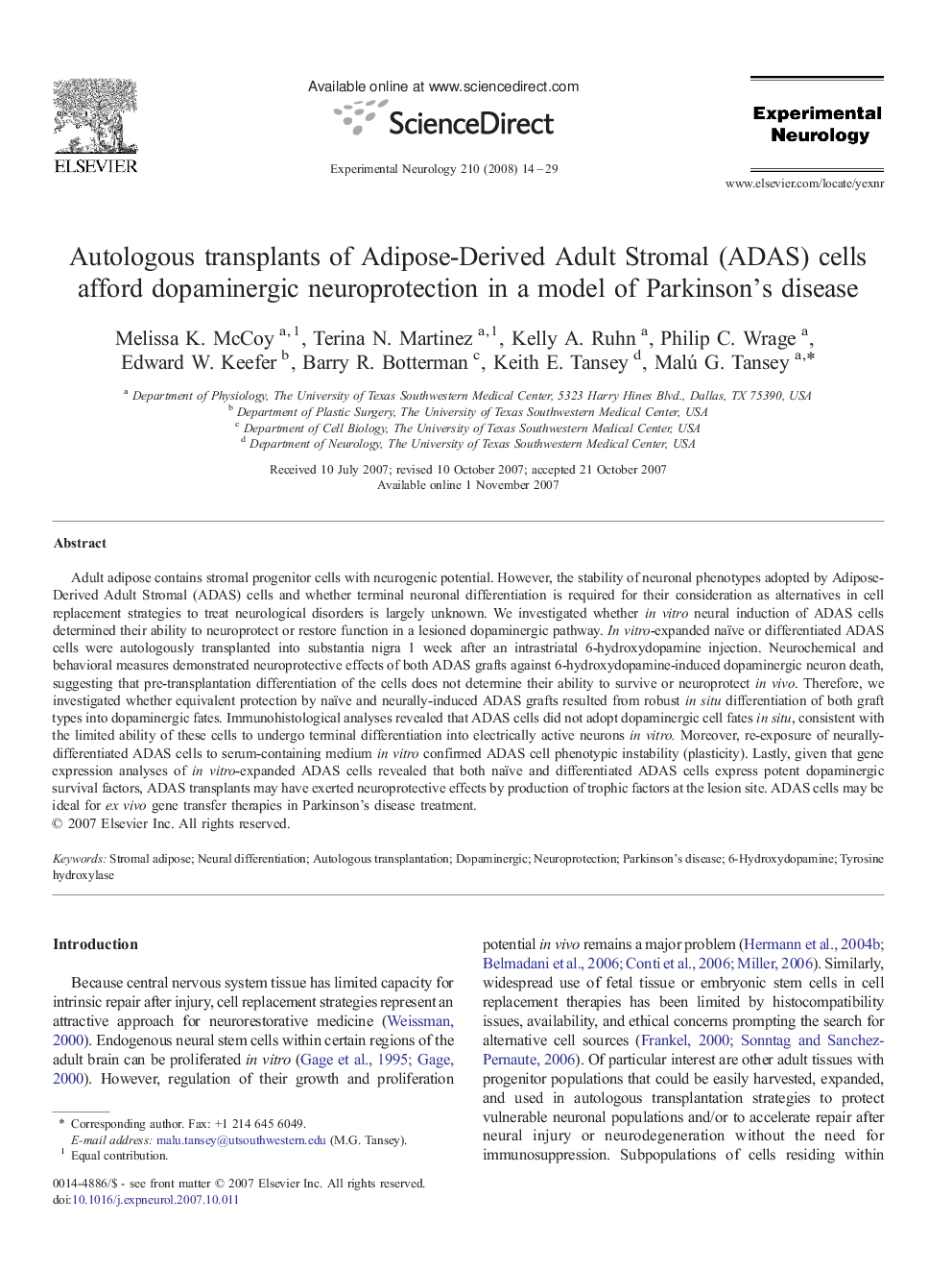 Autologous transplants of Adipose-Derived Adult Stromal (ADAS) cells afford dopaminergic neuroprotection in a model of Parkinson's disease