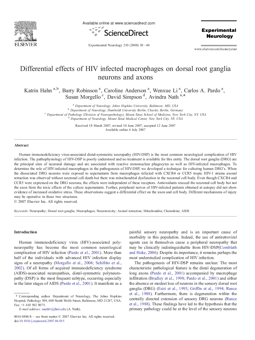 Differential effects of HIV infected macrophages on dorsal root ganglia neurons and axons