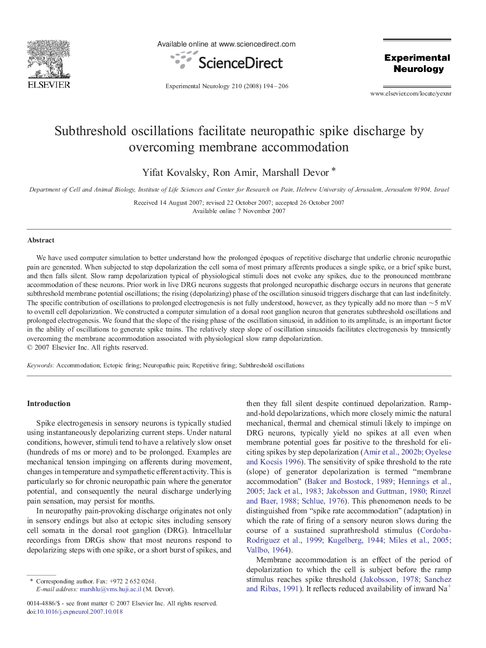 عکس صفحه اول مقاله: Subthreshold oscillations facilitate neuropathic spike discharge by overcoming membrane accommodation Subthreshold oscillations facilitate neuropathic spike discharge by overcoming membrane accommodation