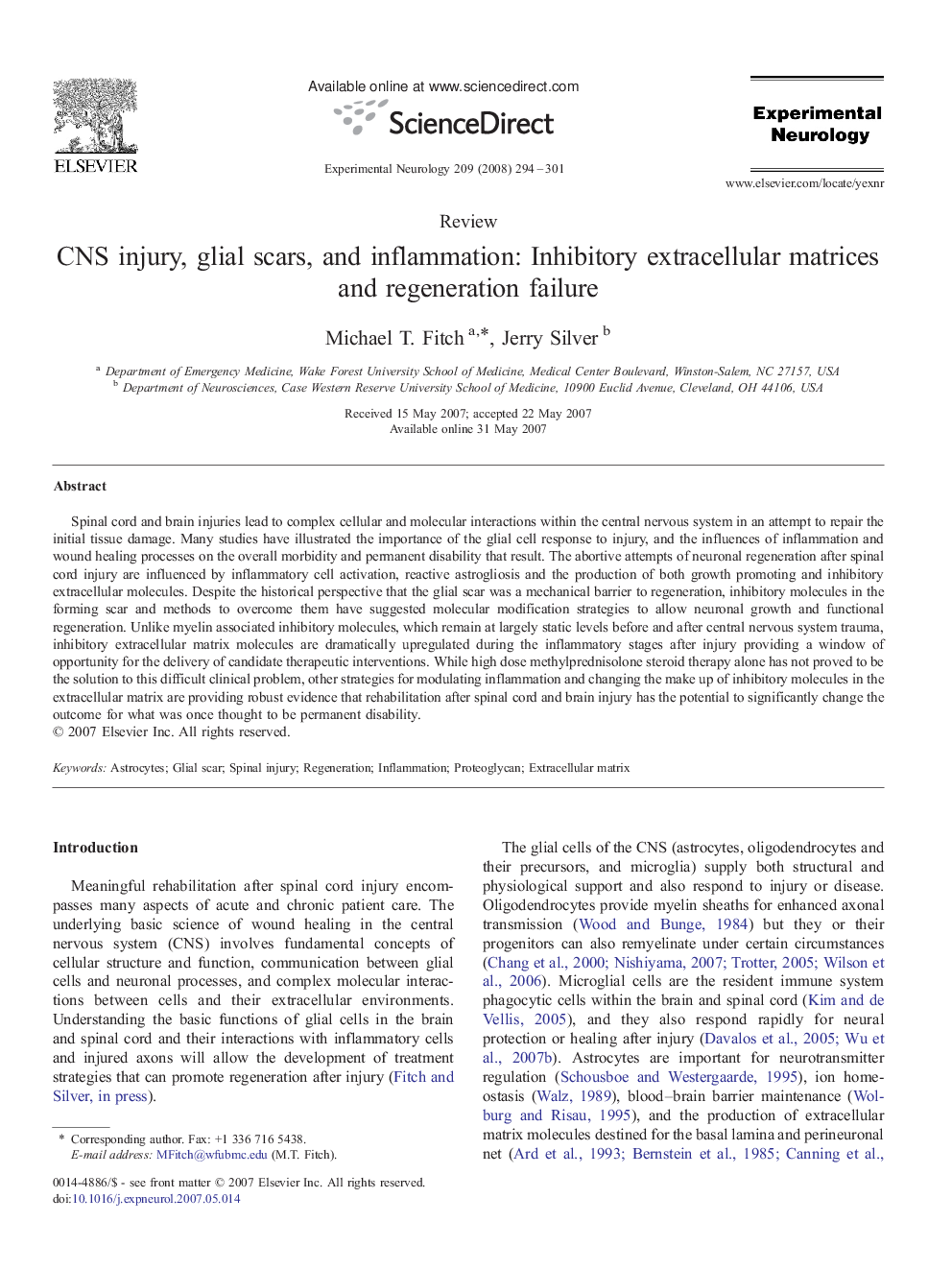 CNS injury, glial scars, and inflammation: Inhibitory extracellular matrices and regeneration failure