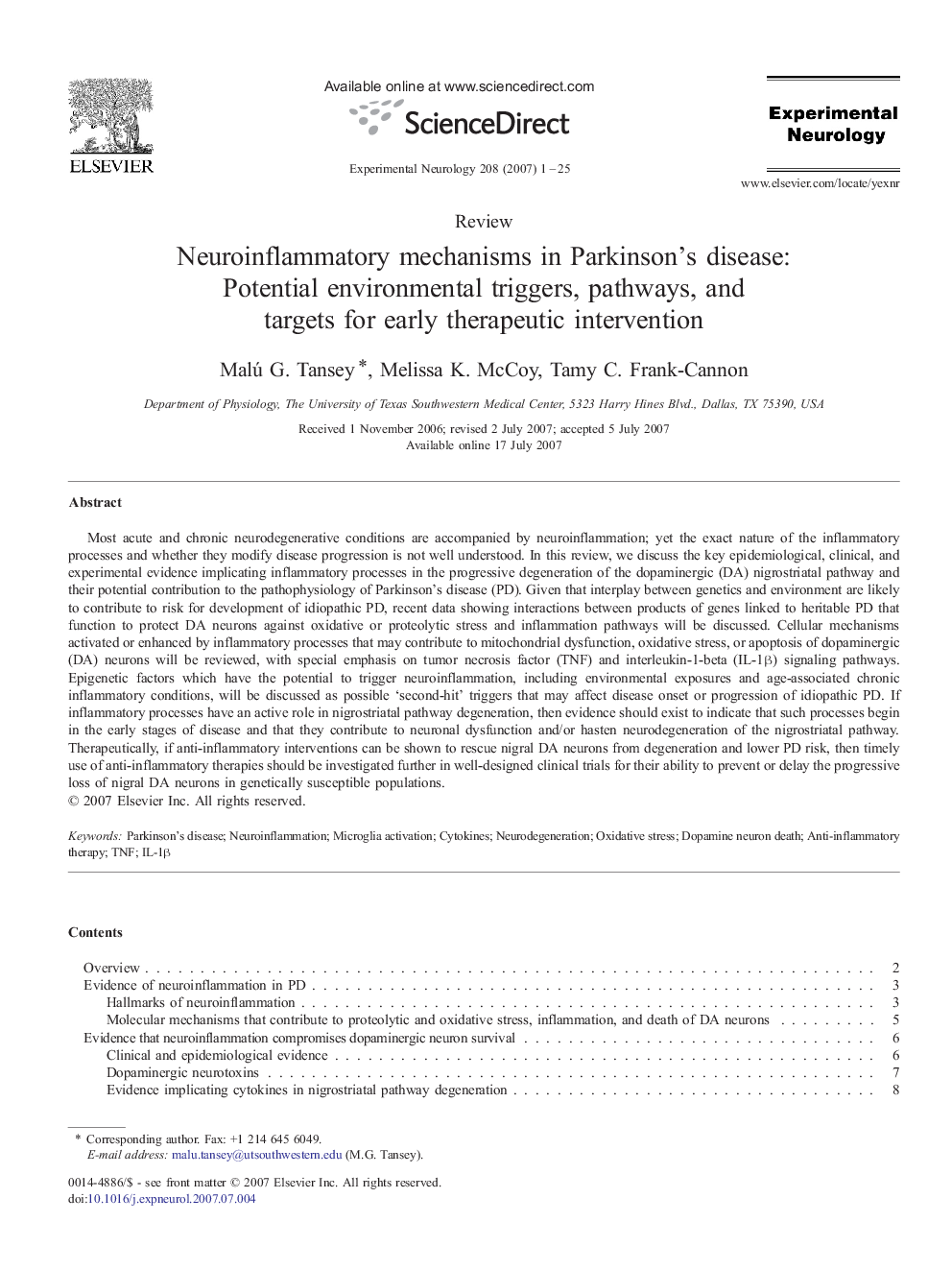 Neuroinflammatory mechanisms in Parkinson's disease: Potential environmental triggers, pathways, and targets for early therapeutic intervention