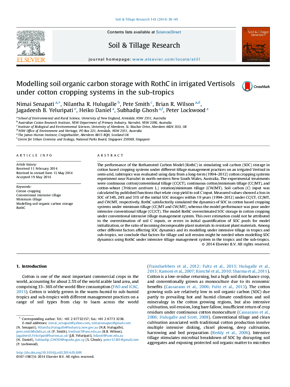 Modelling soil organic carbon storage with RothC in irrigated Vertisols under cotton cropping systems in the sub-tropics