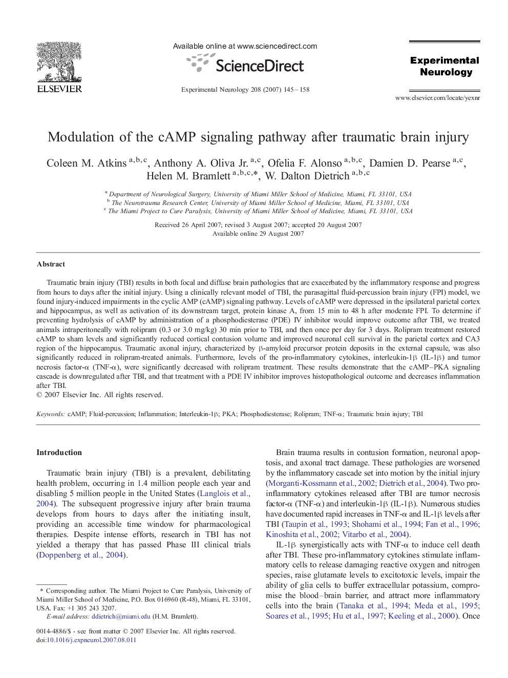 Modulation of the cAMP signaling pathway after traumatic brain injury