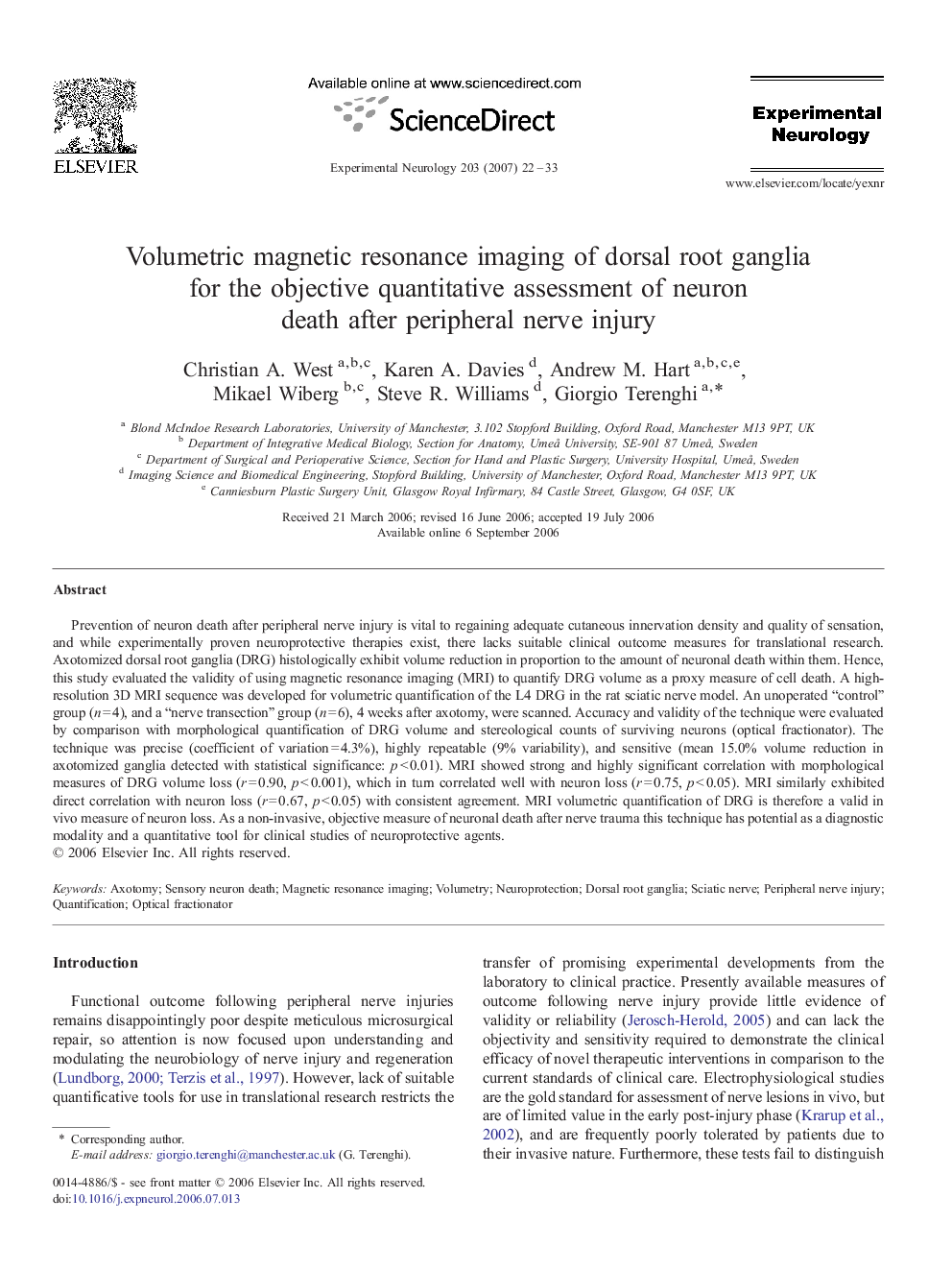 Volumetric magnetic resonance imaging of dorsal root ganglia for the objective quantitative assessment of neuron death after peripheral nerve injury