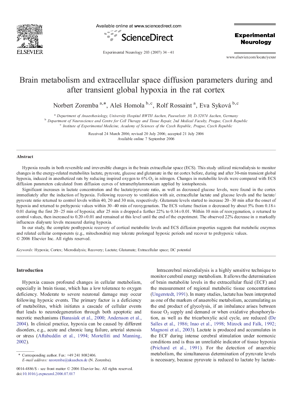 Brain metabolism and extracellular space diffusion parameters during and after transient global hypoxia in the rat cortex