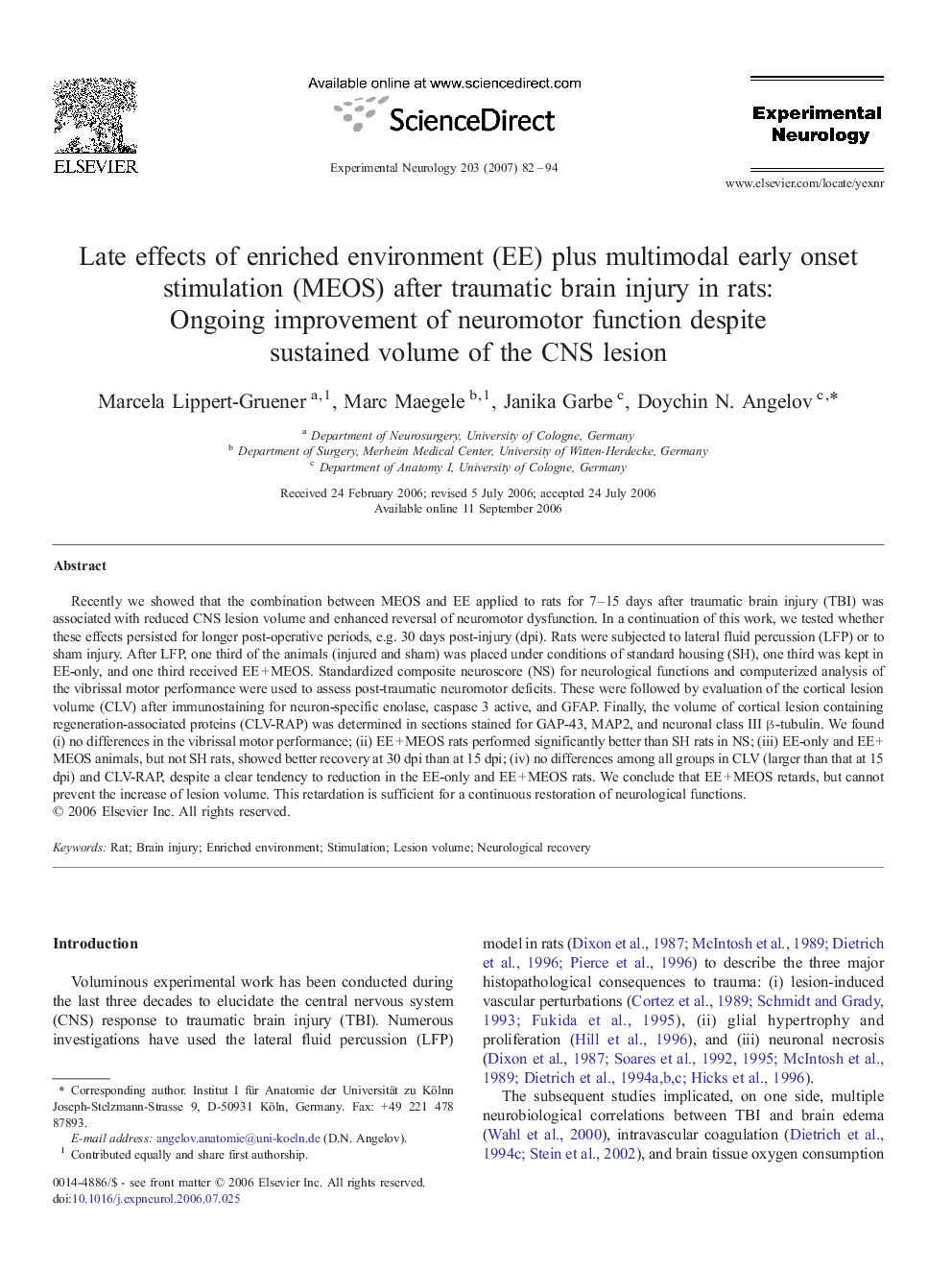 Late effects of enriched environment (EE) plus multimodal early onset stimulation (MEOS) after traumatic brain injury in rats: Ongoing improvement of neuromotor function despite sustained volume of the CNS lesion