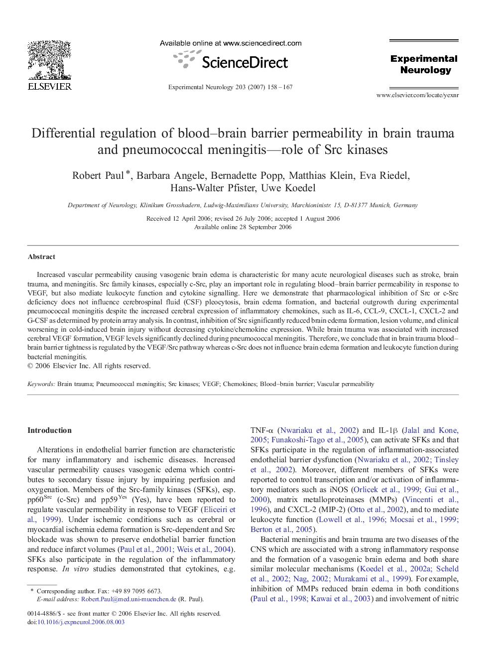 Differential regulation of blood–brain barrier permeability in brain trauma and pneumococcal meningitis—role of Src kinases