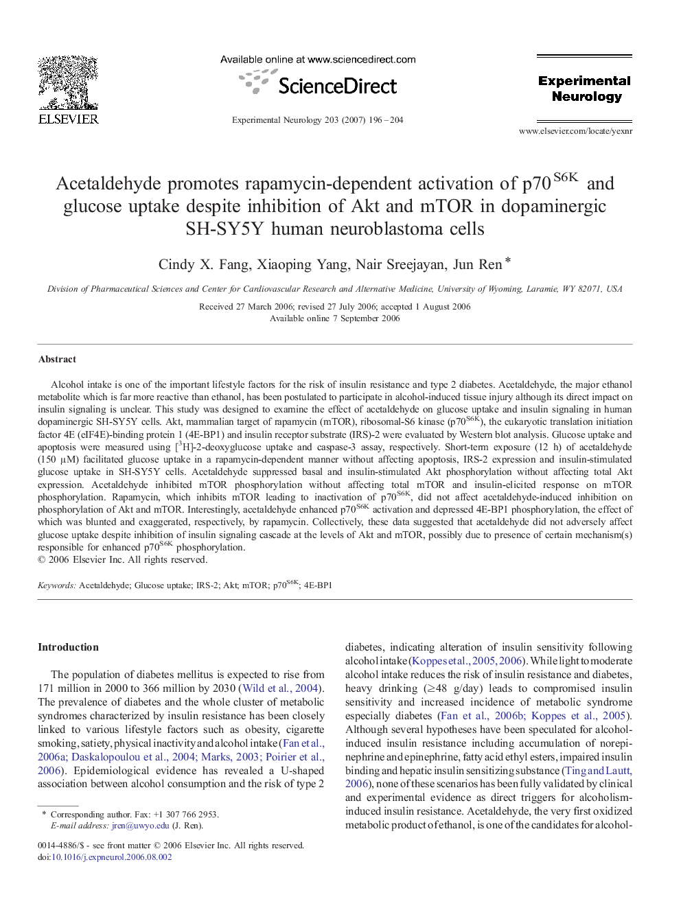 Acetaldehyde promotes rapamycin-dependent activation of p70S6K and glucose uptake despite inhibition of Akt and mTOR in dopaminergic SH-SY5Y human neuroblastoma cells