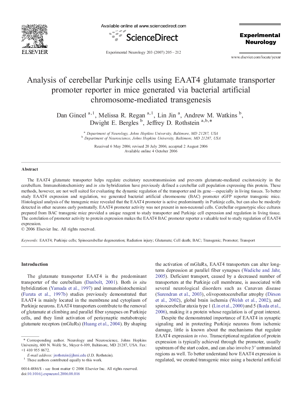 Analysis of cerebellar Purkinje cells using EAAT4 glutamate transporter promoter reporter in mice generated via bacterial artificial chromosome-mediated transgenesis