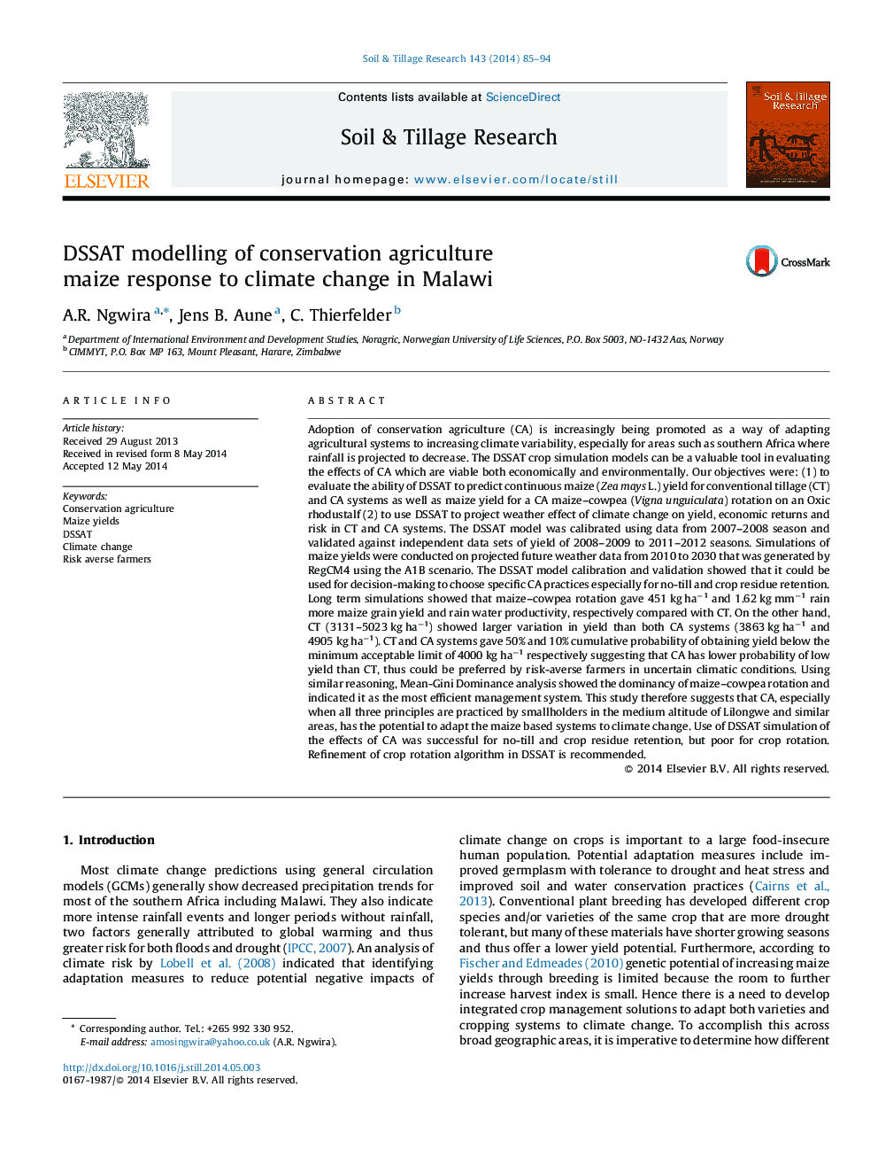 DSSAT modelling of conservation agriculture maize response to climate change in Malawi