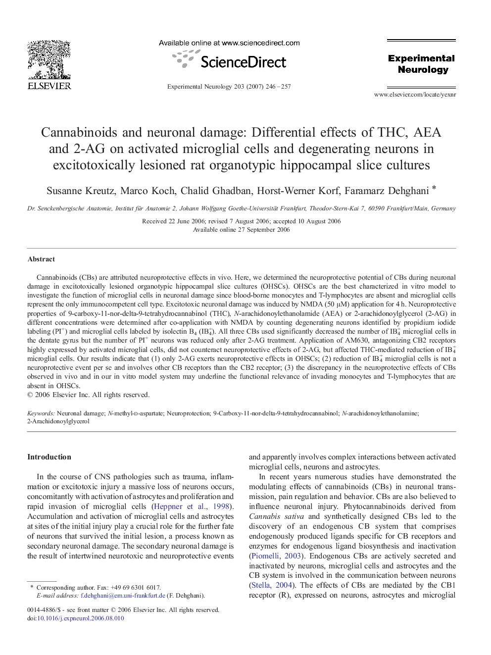 Cannabinoids and neuronal damage: Differential effects of THC, AEA and 2-AG on activated microglial cells and degenerating neurons in excitotoxically lesioned rat organotypic hippocampal slice cultures