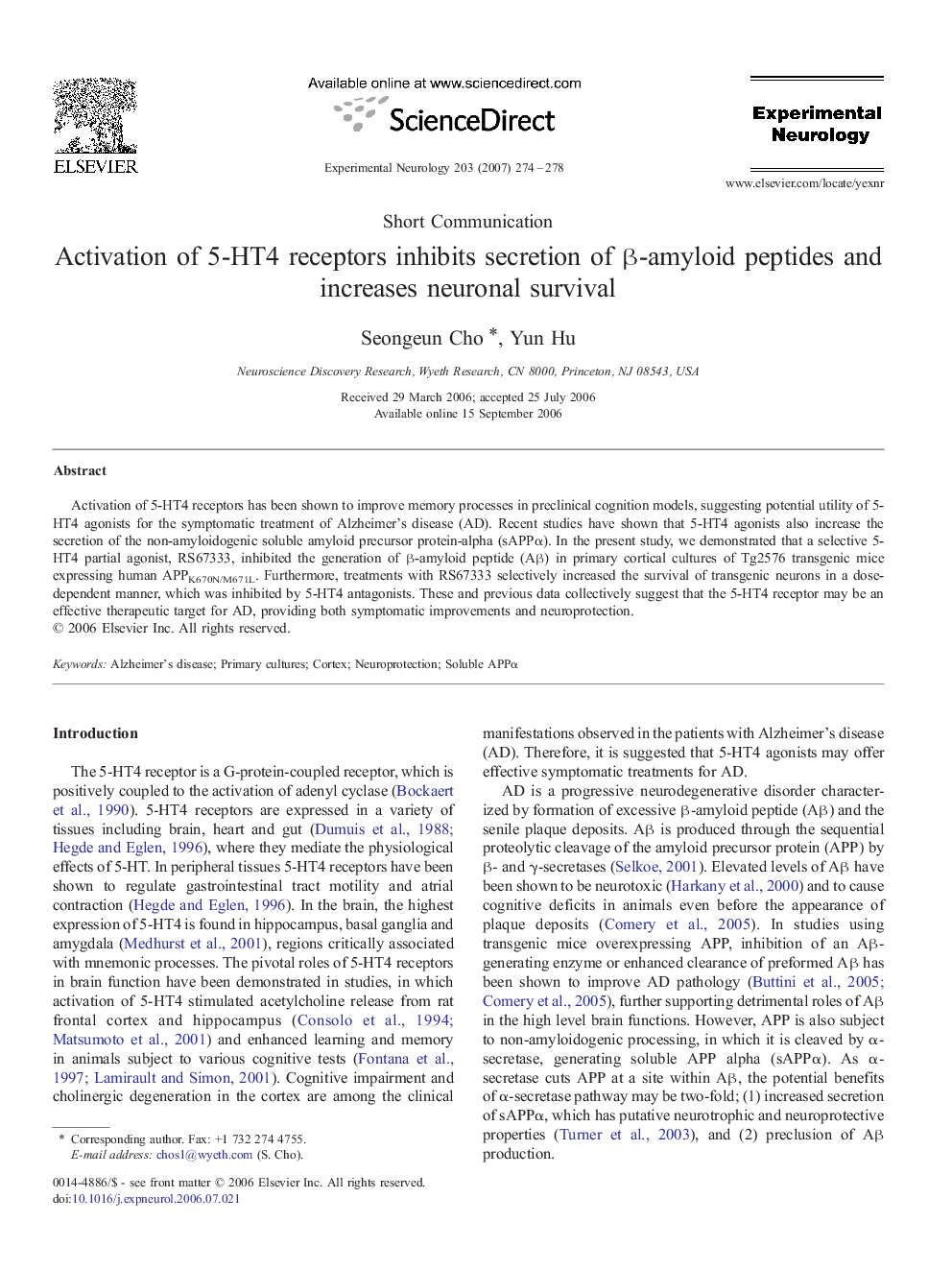 Activation of 5-HT4 receptors inhibits secretion of β-amyloid peptides and increases neuronal survival