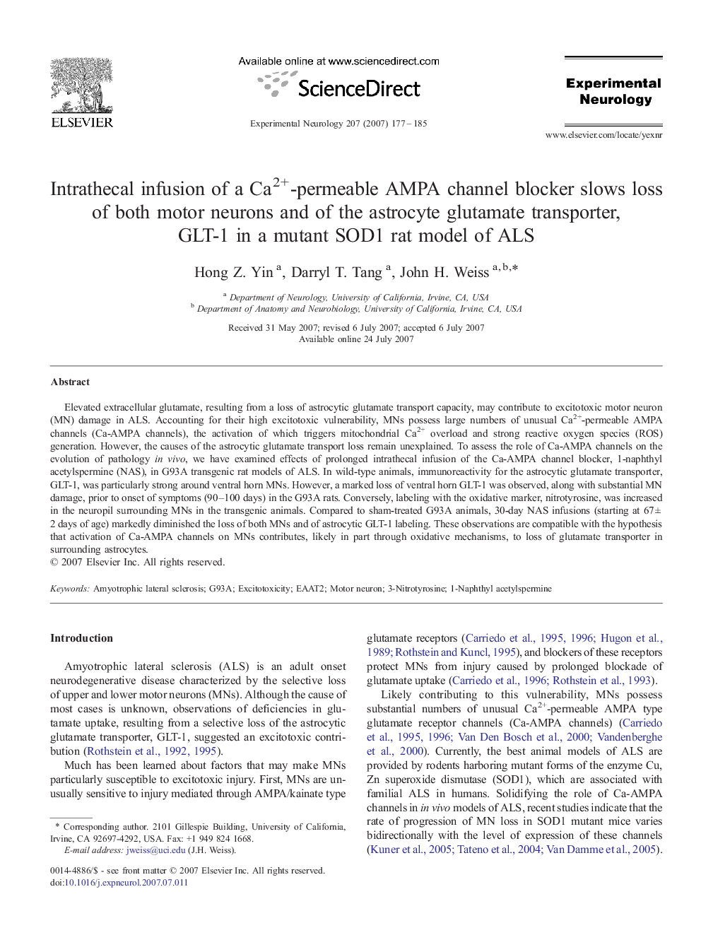 Intrathecal infusion of a Ca2+-permeable AMPA channel blocker slows loss of both motor neurons and of the astrocyte glutamate transporter, GLT-1 in a mutant SOD1 rat model of ALS