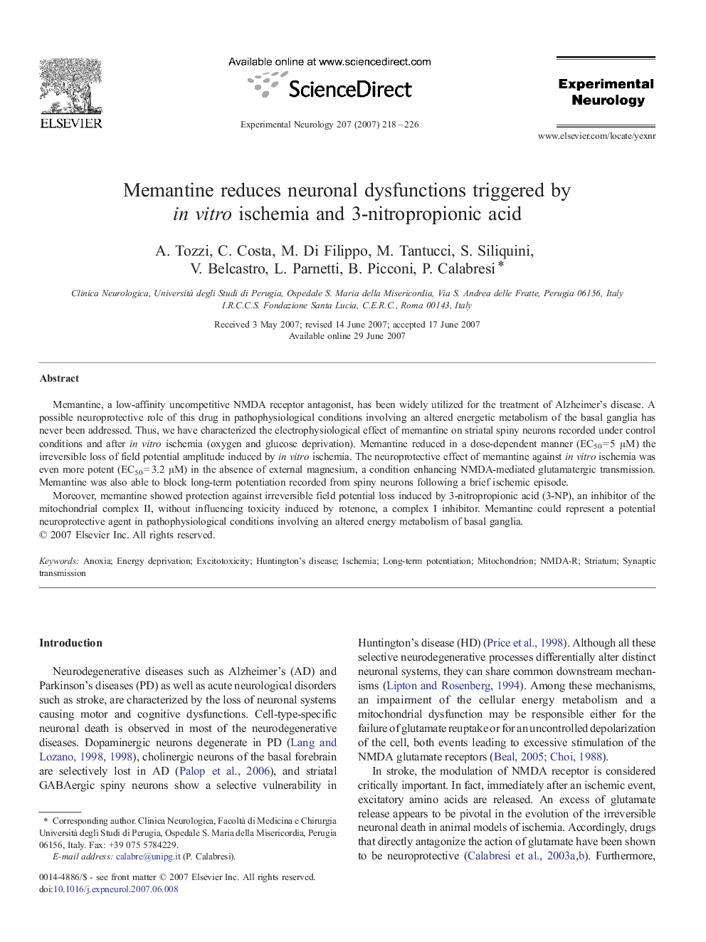 Memantine reduces neuronal dysfunctions triggered by in vitro ischemia and 3-nitropropionic acid