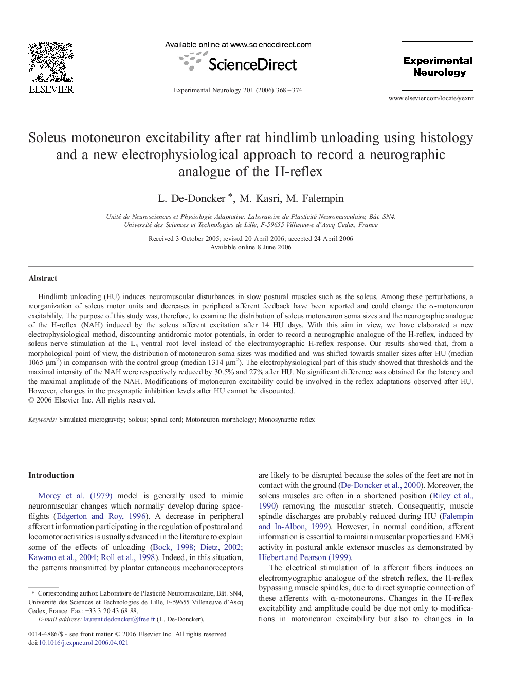 Soleus motoneuron excitability after rat hindlimb unloading using histology and a new electrophysiological approach to record a neurographic analogue of the H-reflex