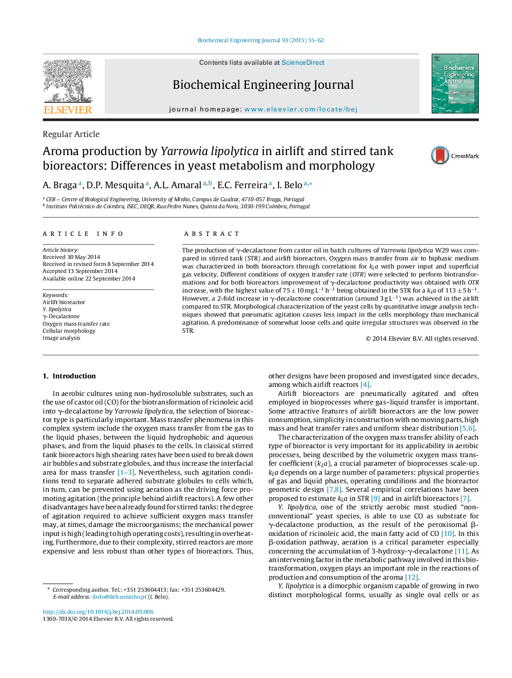 Aroma production by Yarrowia lipolytica in airlift and stirred tank bioreactors: Differences in yeast metabolism and morphology