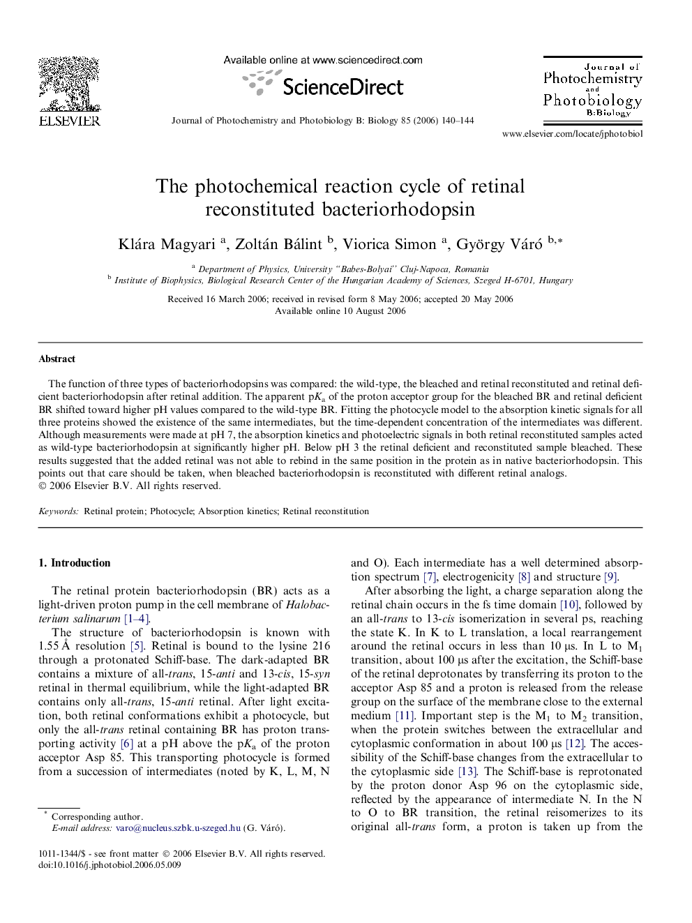 The photochemical reaction cycle of retinal reconstituted bacteriorhodopsin