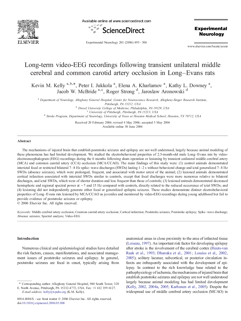 Long-term video-EEG recordings following transient unilateral middle cerebral and common carotid artery occlusion in Long–Evans rats