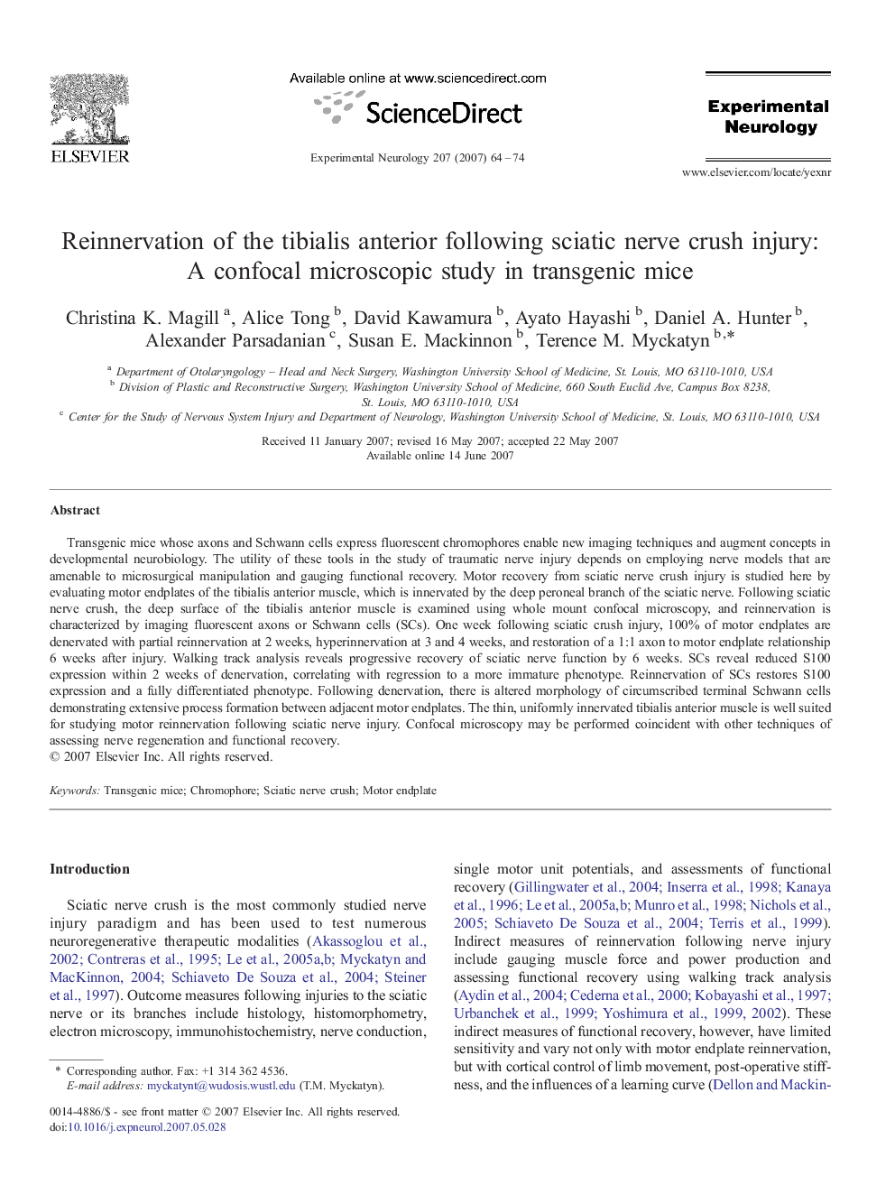 Reinnervation of the tibialis anterior following sciatic nerve crush injury: A confocal microscopic study in transgenic mice