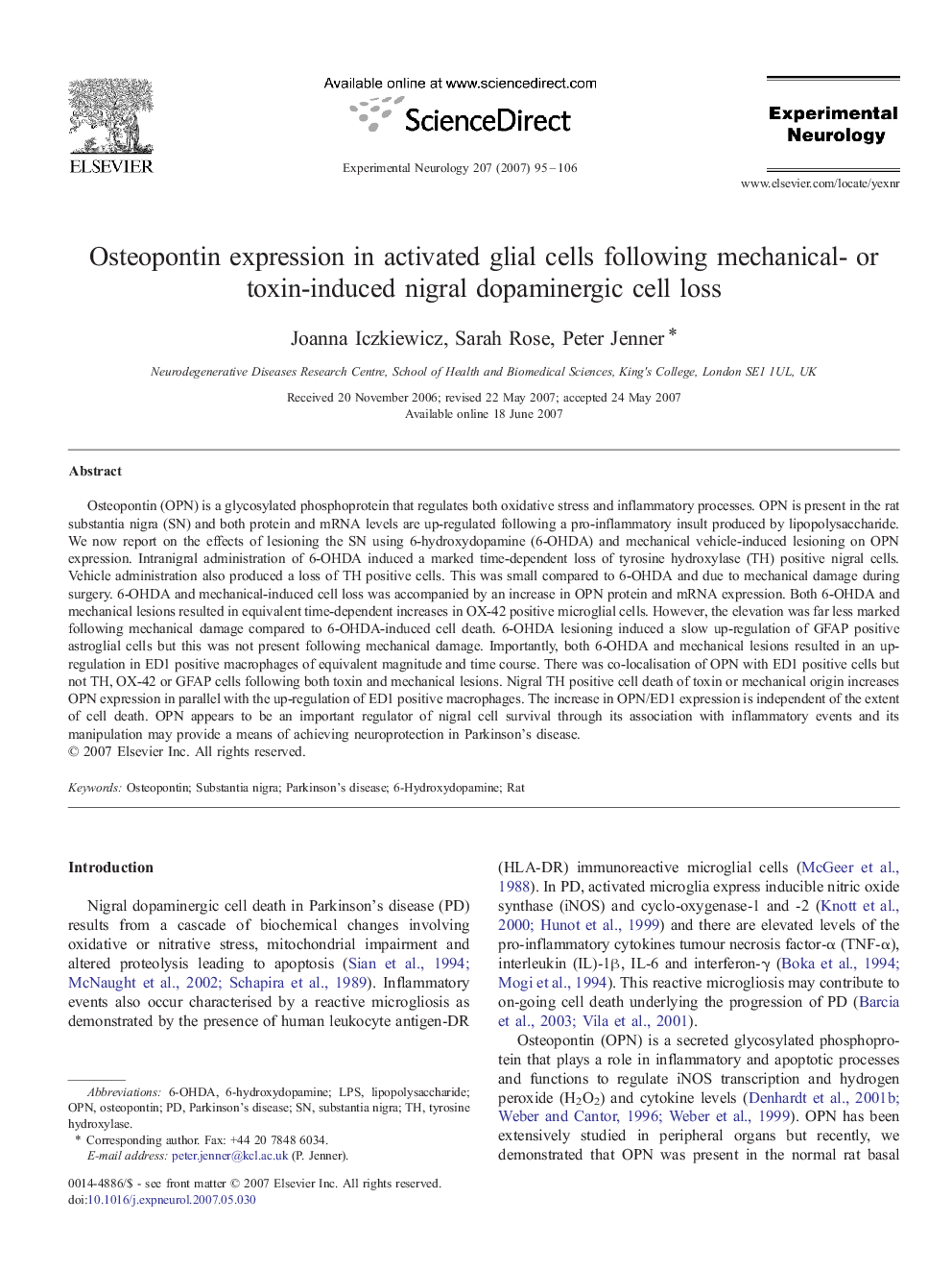 عکس صفحه اول مقاله: Osteopontin expression in activated glial cells following mechanical- or toxin-induced nigral dopaminergic cell loss Osteopontin expression in activated glial cells following mechanical- or toxin-induced nigral dopaminergic cell loss