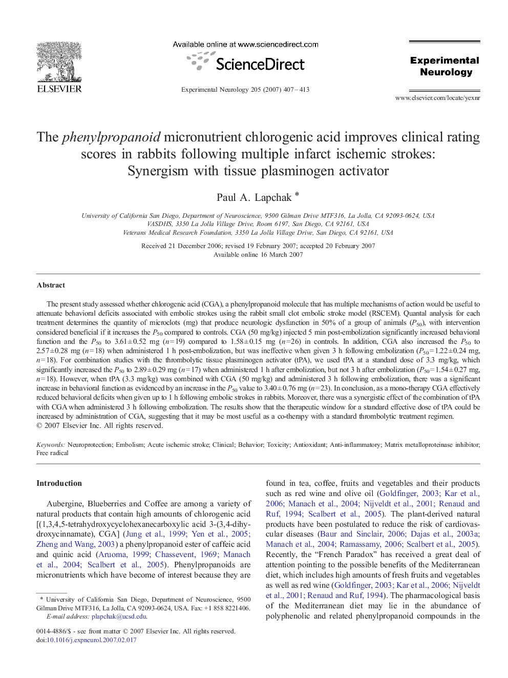 The phenylpropanoid micronutrient chlorogenic acid improves clinical rating scores in rabbits following multiple infarct ischemic strokes: Synergism with tissue plasminogen activator