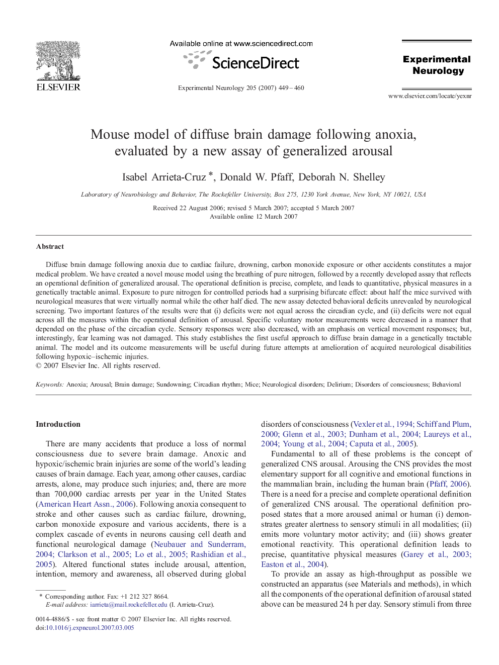 Mouse model of diffuse brain damage following anoxia, evaluated by a new assay of generalized arousal