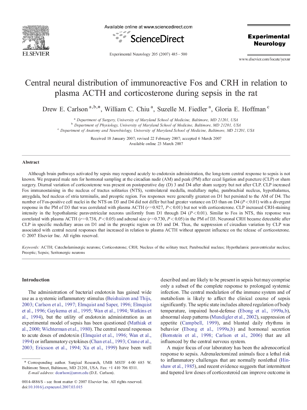 Central neural distribution of immunoreactive Fos and CRH in relation to plasma ACTH and corticosterone during sepsis in the rat