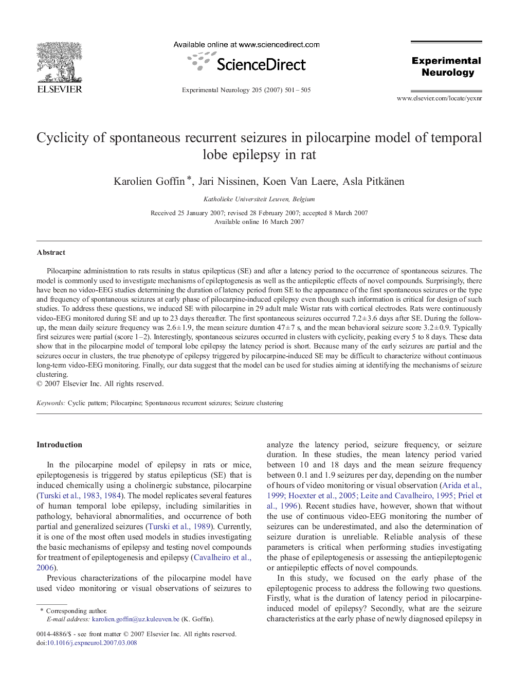 Cyclicity of spontaneous recurrent seizures in pilocarpine model of temporal lobe epilepsy in rat