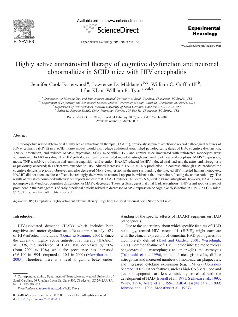 عکس صفحه اول مقاله: Highly active antiretroviral therapy of cognitive dysfunction and neuronal abnormalities in SCID mice with HIV encephalitis Highly active antiretroviral therapy of cognitive dysfunction and neuronal abnormalities in SCID mice with HIV encephalitis