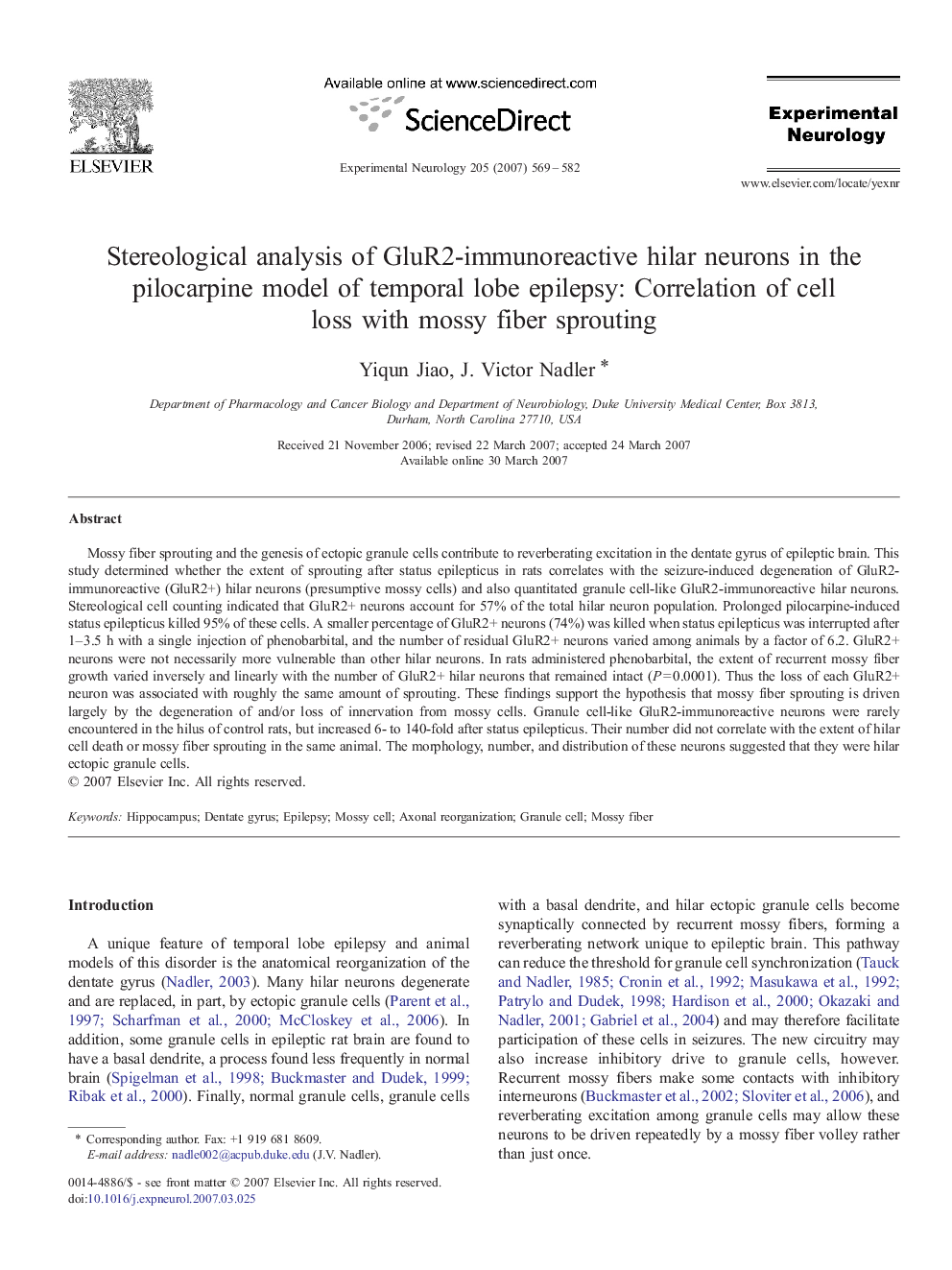 Stereological analysis of GluR2-immunoreactive hilar neurons in the pilocarpine model of temporal lobe epilepsy: Correlation of cell loss with mossy fiber sprouting