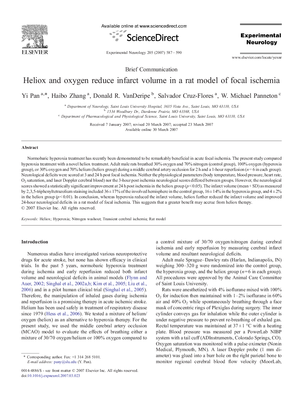 Heliox and oxygen reduce infarct volume in a rat model of focal ischemia