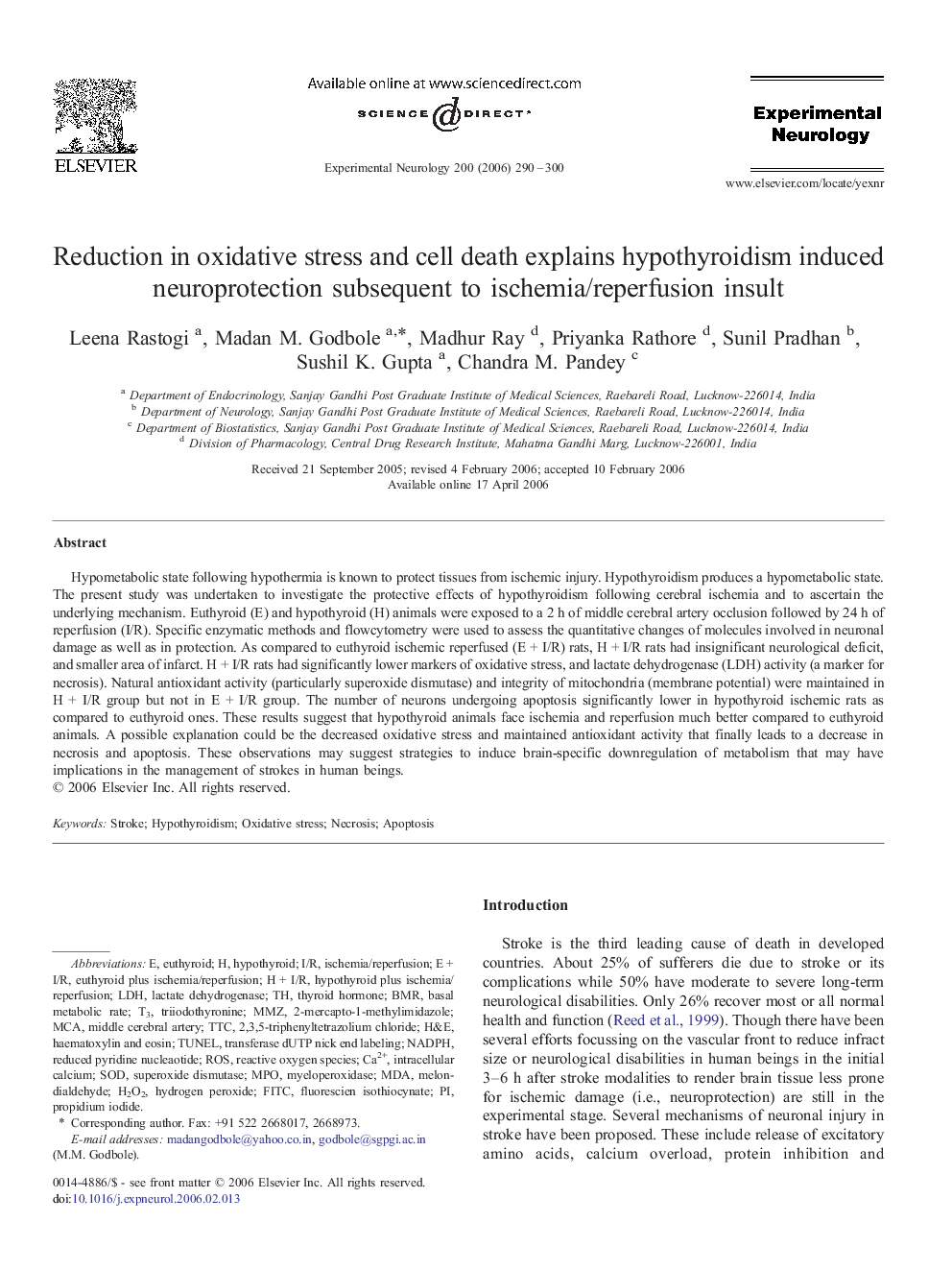 Reduction in oxidative stress and cell death explains hypothyroidism induced neuroprotection subsequent to ischemia/reperfusion insult